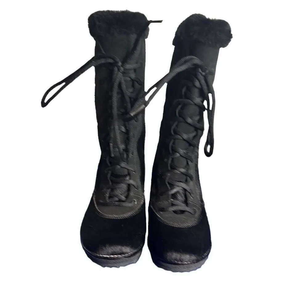 Oscar Sport Apres Ski Black Fur Lace Boots 6 New